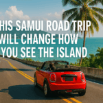 a red convertible car on a road with palm trees and water in the background