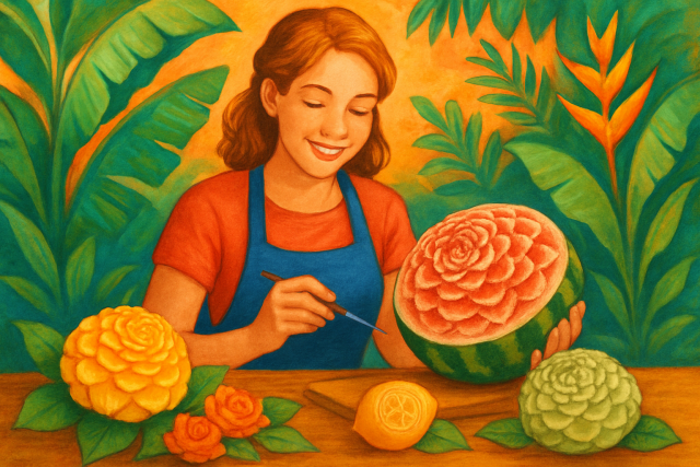 Fiz um curso de escultura em frutas tailandesas em Koh Samui — e isto é o que eu criei.